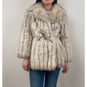 Vintage Grey Silver Fox Genuine Fur Coat Belted with Leather Trim